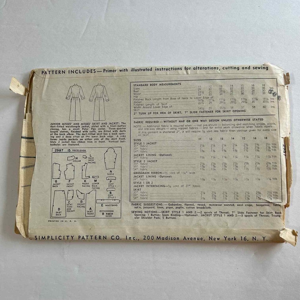 Simplicity #2987 Pattern Vintage 1950s Women Size 15 Skirt and Jacket Set - Picture 6 of 6